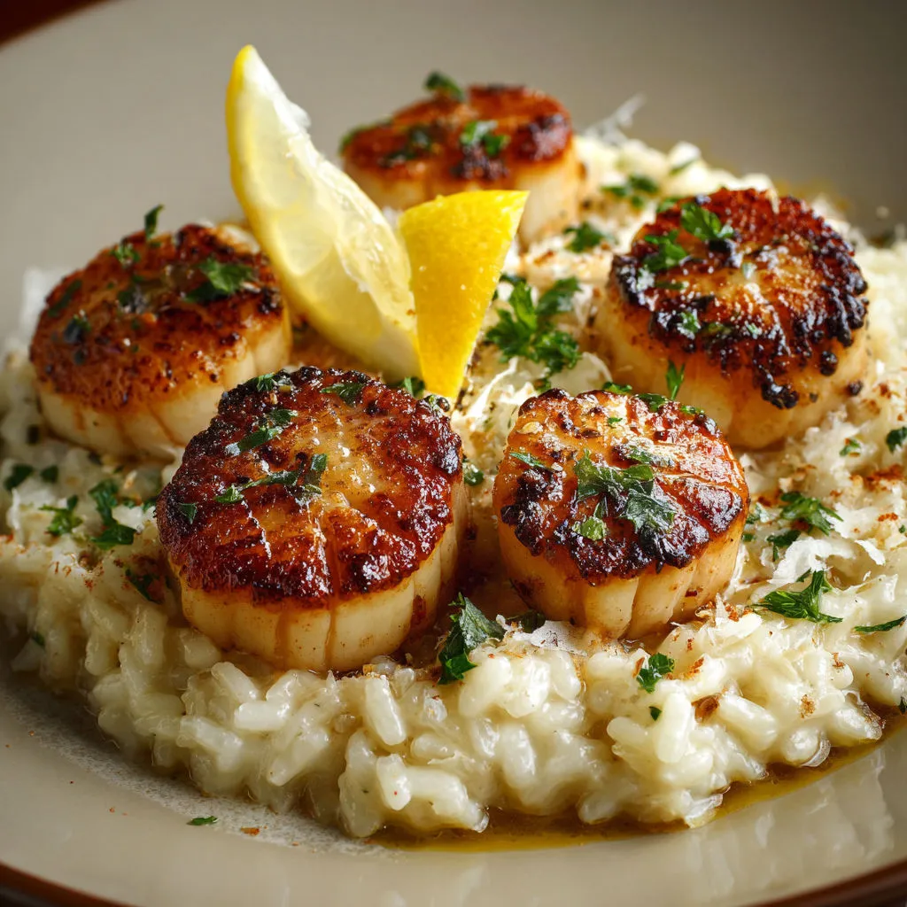 Un plat de risotto garni de moules et de citrons frais.