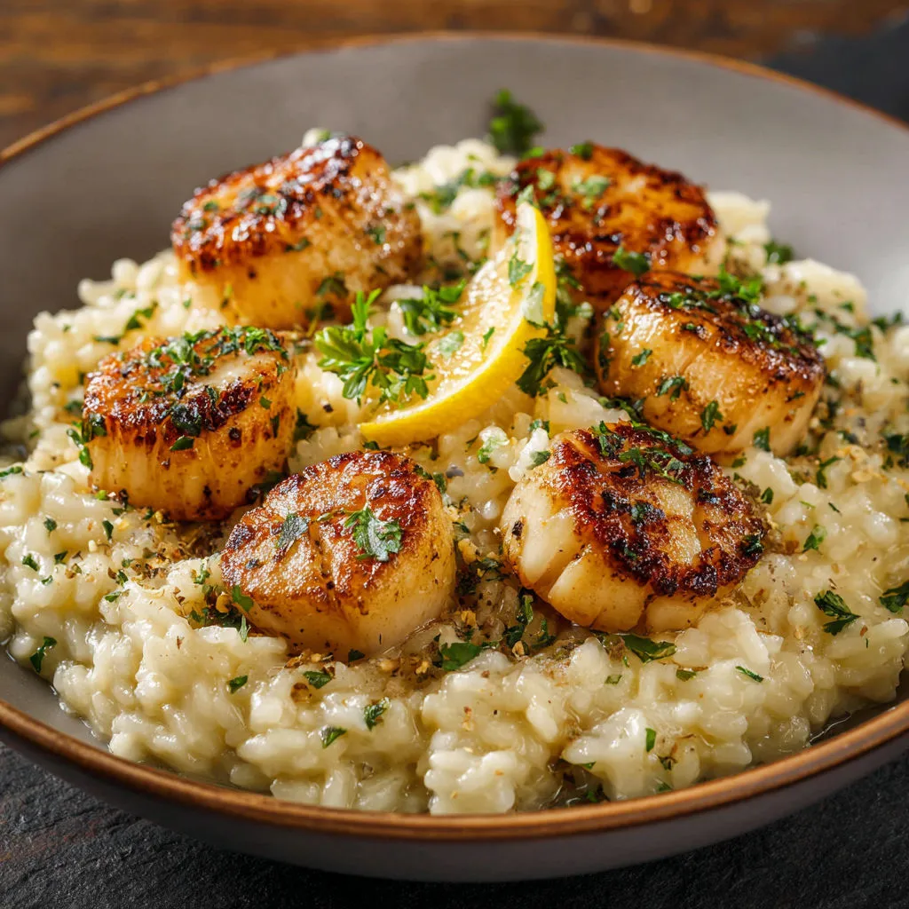 Un plat de risotto garni de moules et de citrons frais.