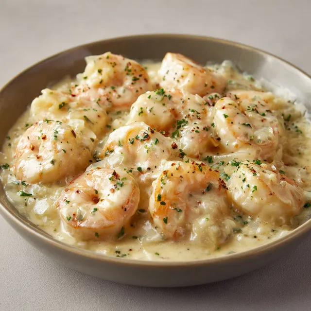 Un bol rempli de crevettes dans une sauce crémeuse.