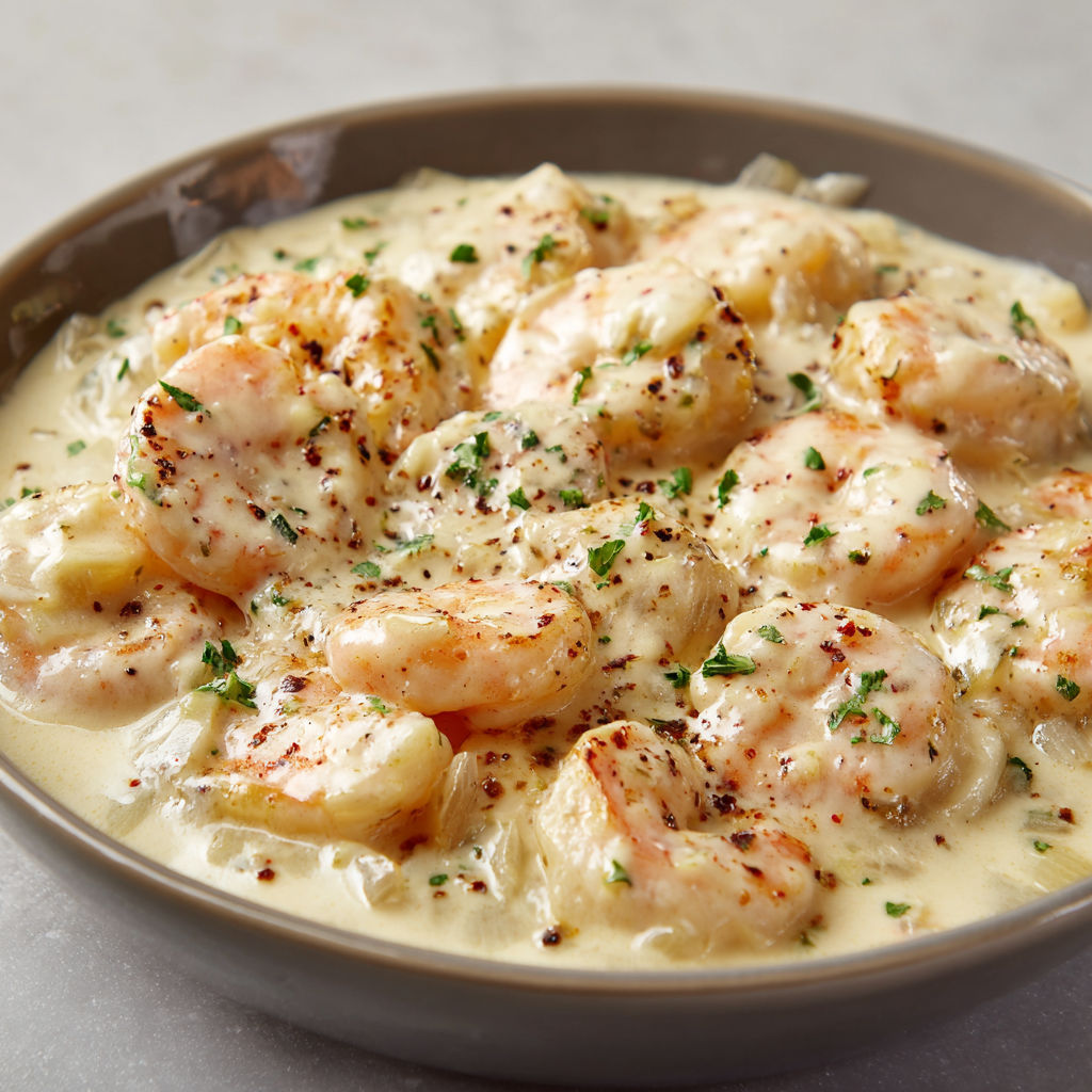 Un plat de crevettes fondantes avec herbes et sauce crémeuse.