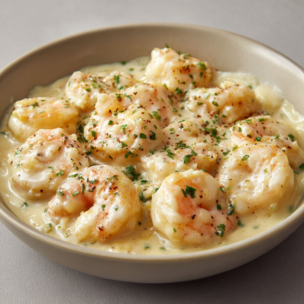 Un plat de crevettes sautées avec herbes et crème.