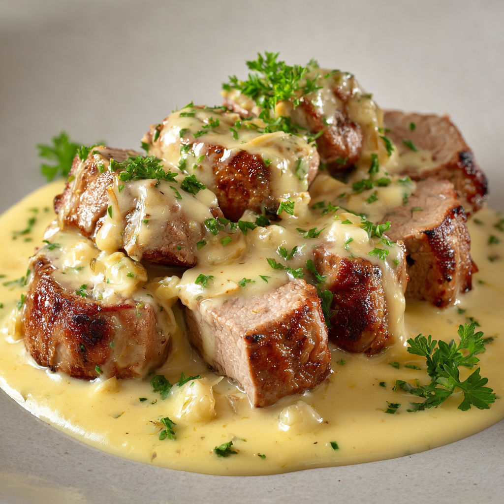 Un steak nappé de pesto sur une assiette en céramique blanche.
