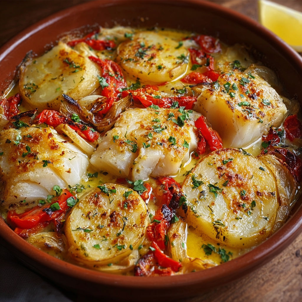 Une morue à la Portugaise avec pommes de terre, poivrons et herbes mises en valeur sur une table.