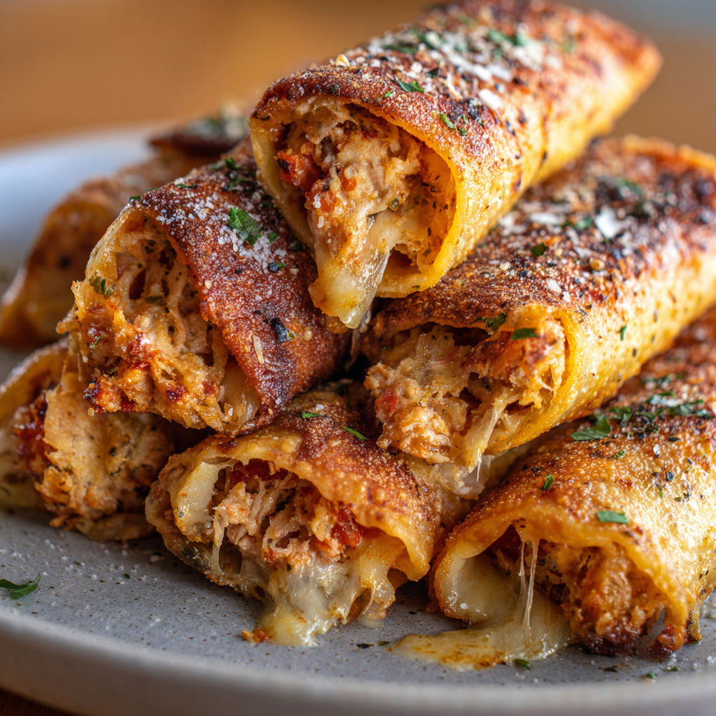Des cigares au thon, tomate et fromage croustillants sur un plateau.
