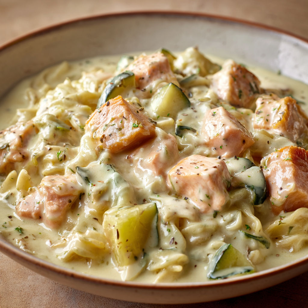 Un plat de saumon en sauce avec des pâtes et courgettes est posé sur une table.