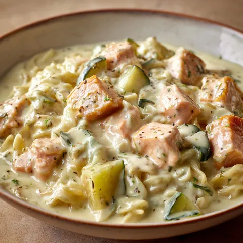 Un plat de saumon en sauce avec des pâtes et courgettes est posé sur une table.