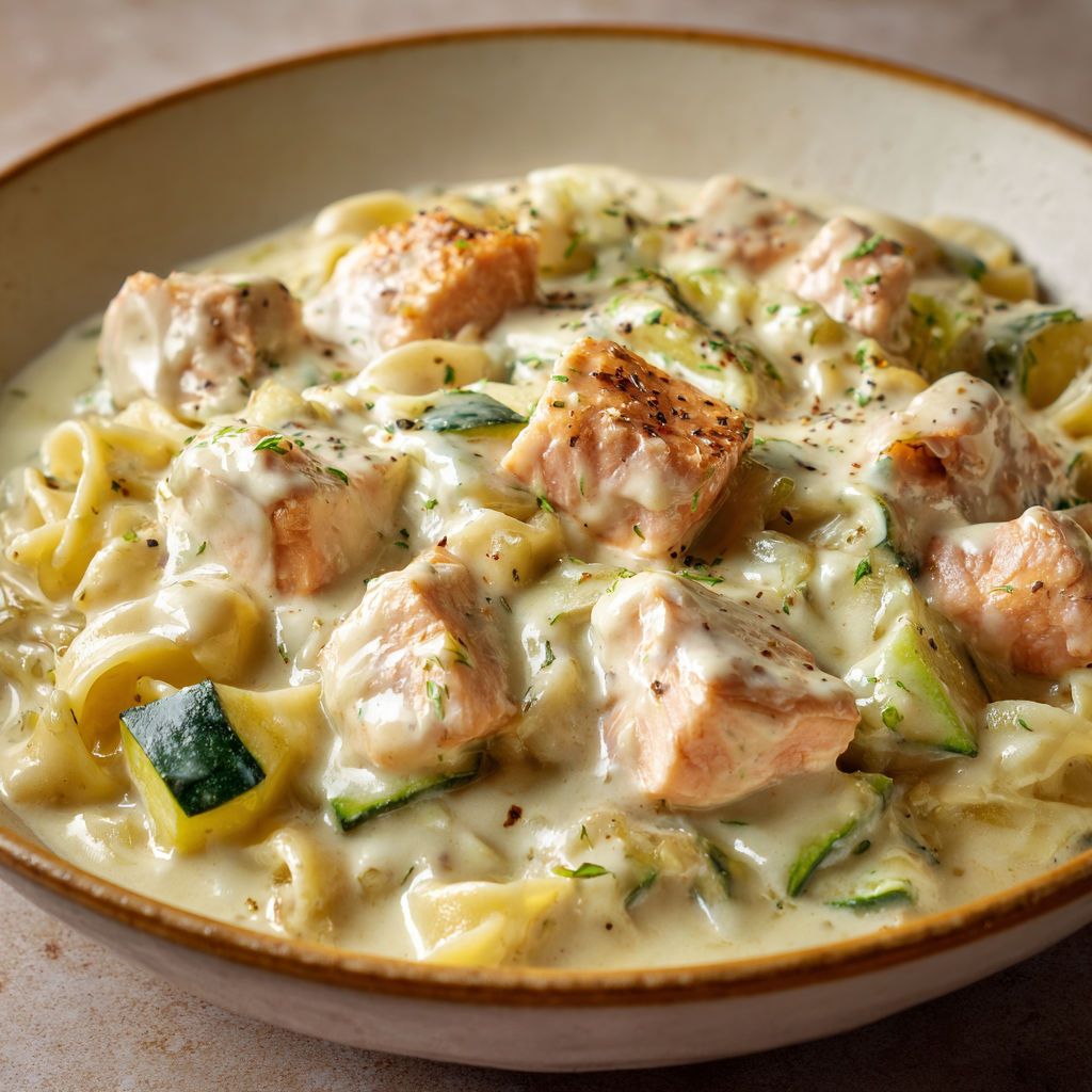 Un plat de macaroni aux fruits de mer et au poisson.