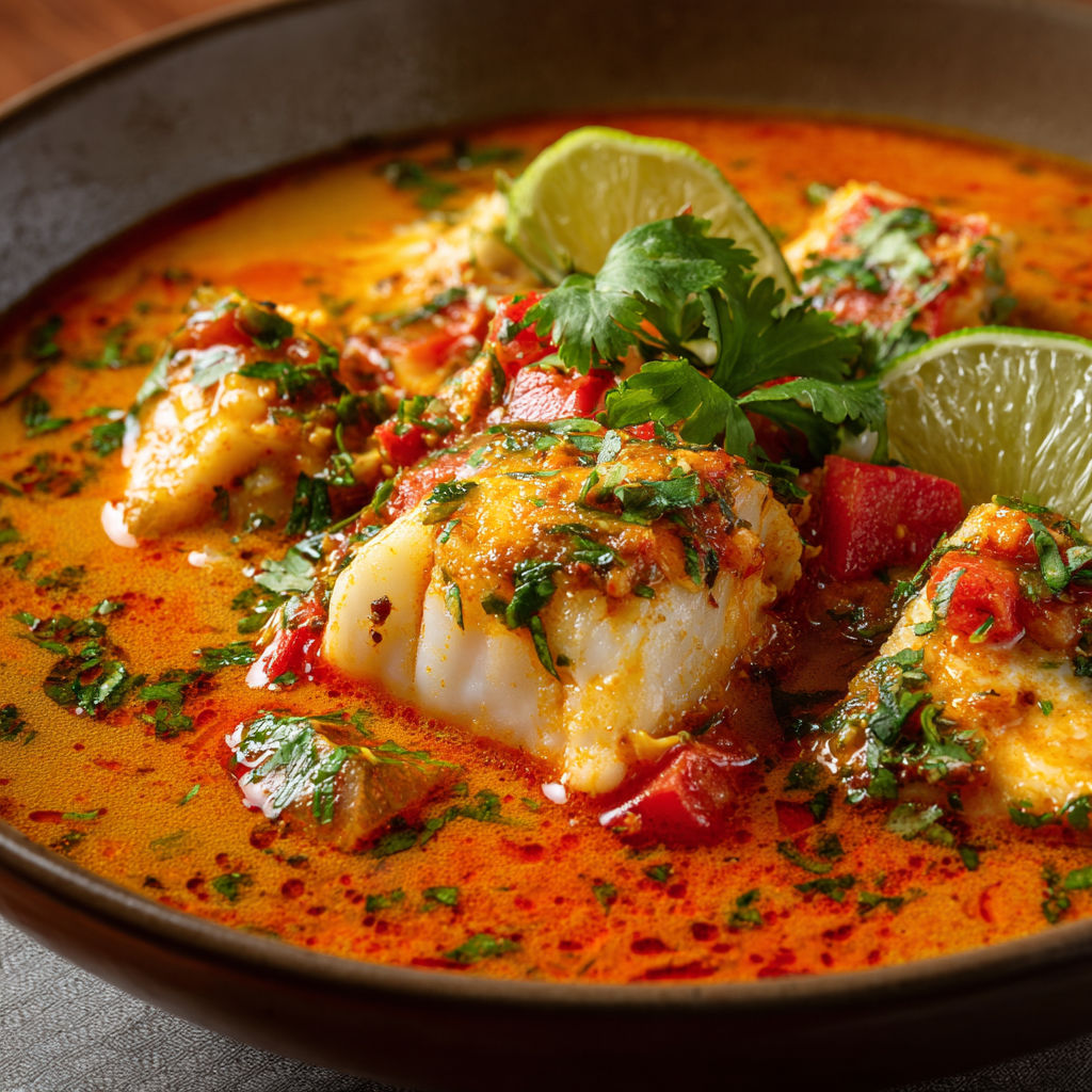 Un bol garni de moqueca baiana avec du poisson, des légumes frais et citron vert.
