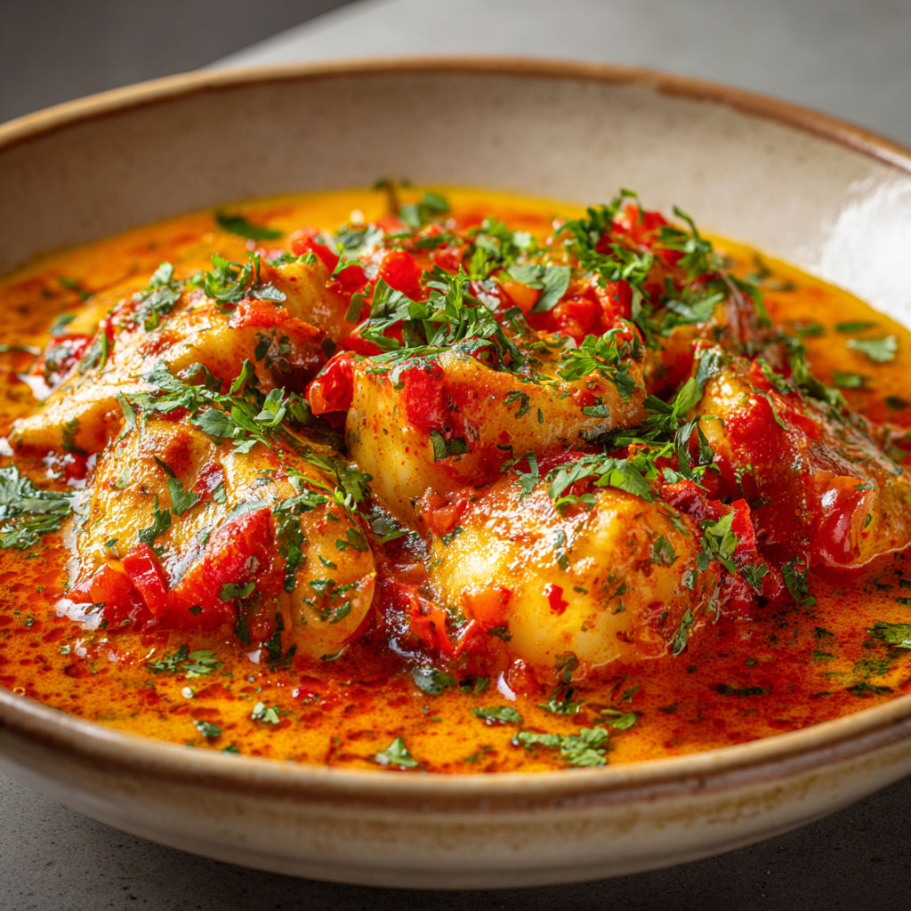 Un grand bol de bouillabaisse avec poisson et sauce orangée sur la table.