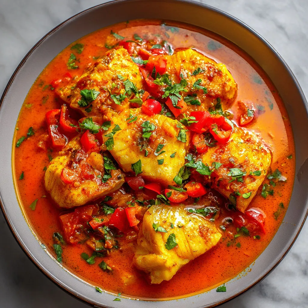 Plat de poisson rôti, légumes verts et belles tomates sur assiette colorée.