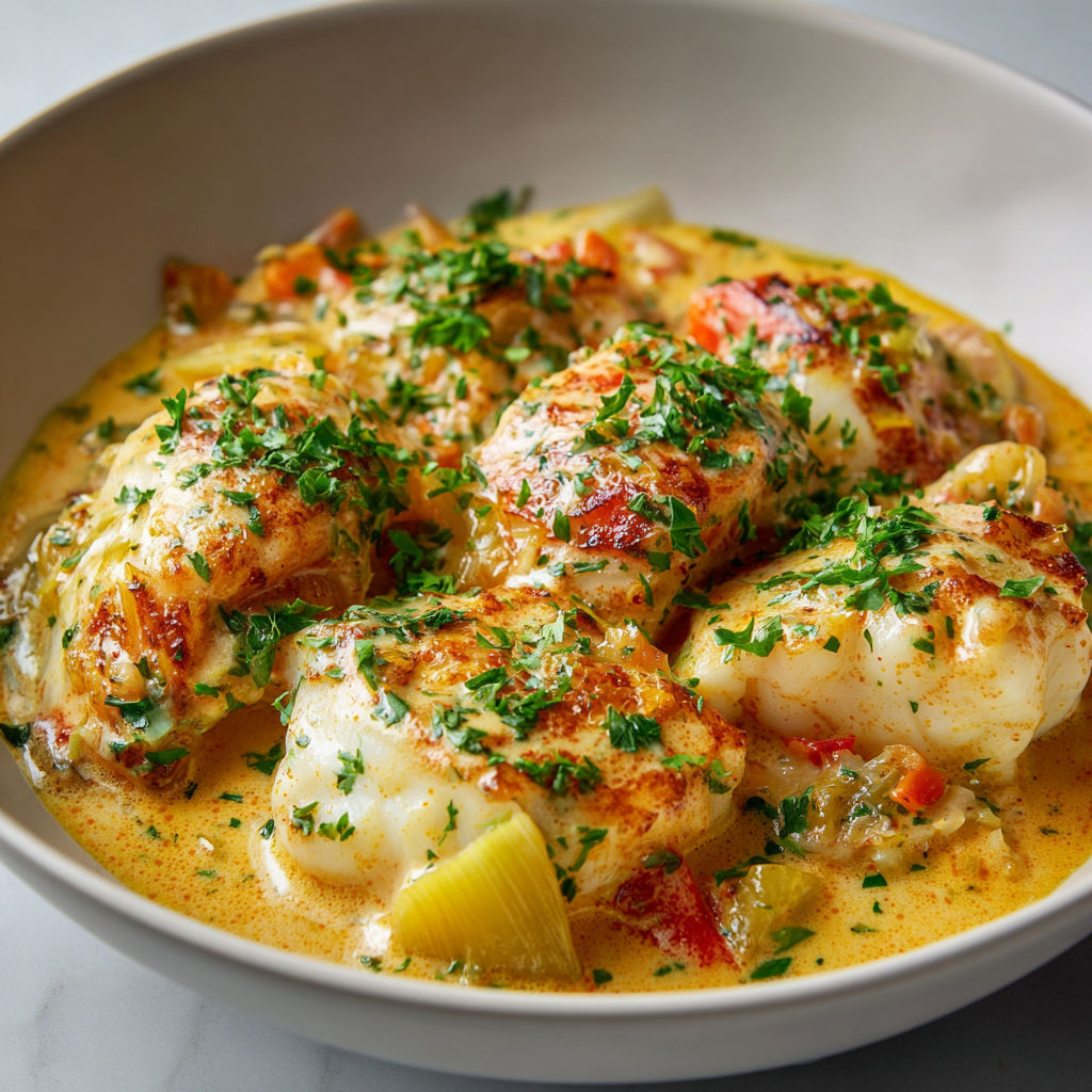 Assiette de cabillaud tendre avec une bisque onctueuse, garnie de légumes fondants et d’herbes fraîches.