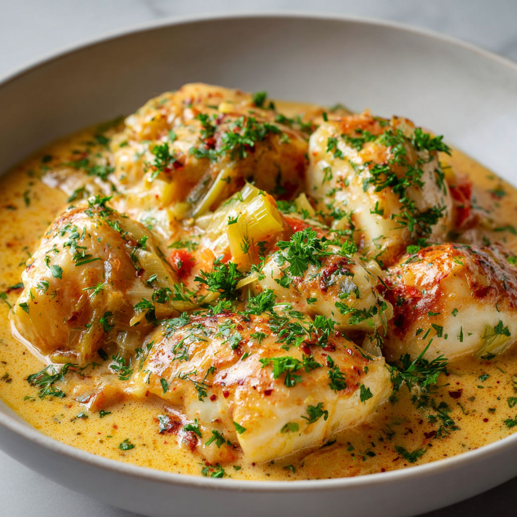 Un poisson farci d’herbes et légumes dans une sauce crémeuse.