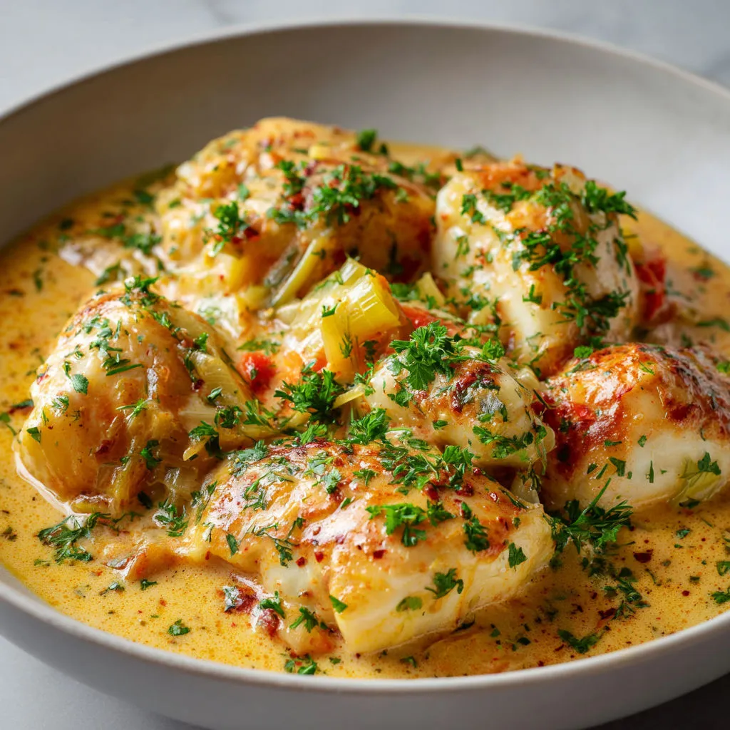 Un poisson farci d’herbes et légumes dans une sauce crémeuse.