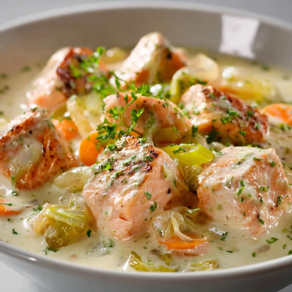 Bouillabaisse revisitée avec du poisson et des légumes colorés.