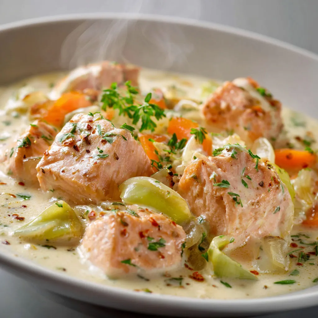 Poisson doré servi avec légumes, herbes fraîches et une belle sauce.