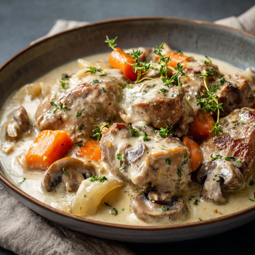 Une cocotte de viande mijotée avec carottes et champignons.