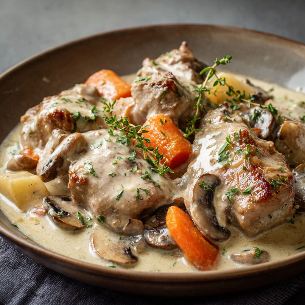 Un plat mijoté de volaille avec carottes et champignons.