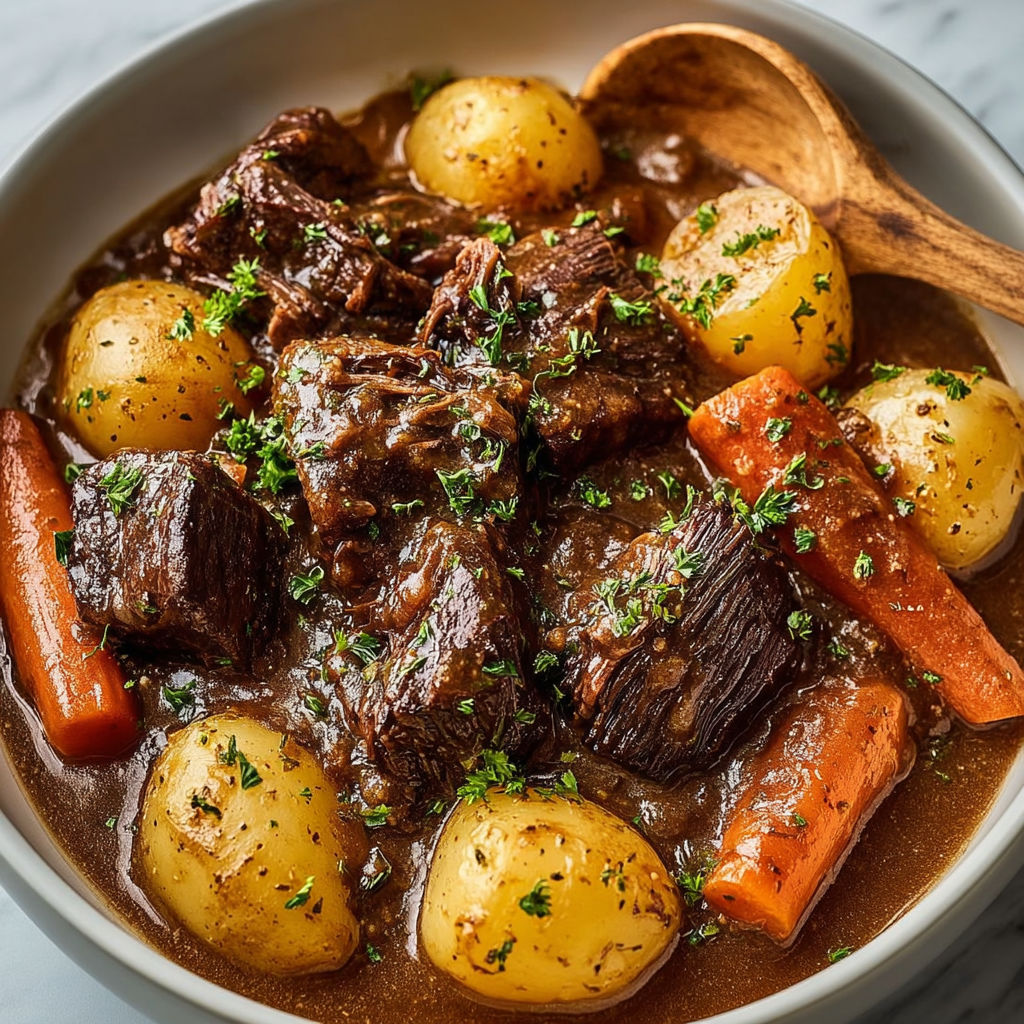Un savoureux plat de viande mijotée avec une sauce brune et des légumes fondants.