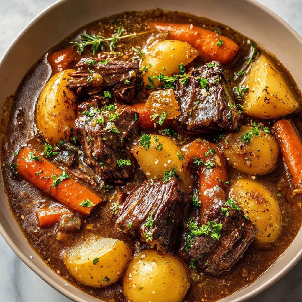 Un bon mijoté avec carottes, pommes de terre et morceaux de viande.