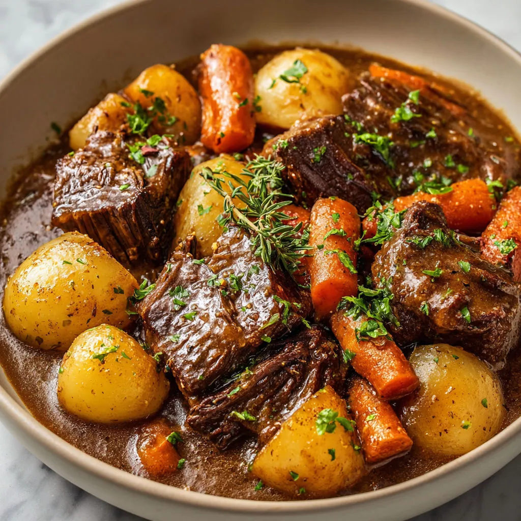 Une cocotte bien garnie de viande, carottes, pommes de terre et touche de verdure.