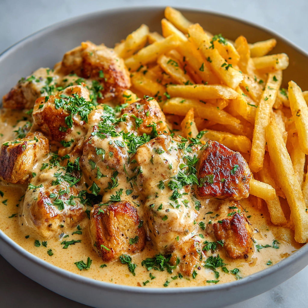 Une présentation de poulet doré nappé de sauce crémeuse avec des frites maison.