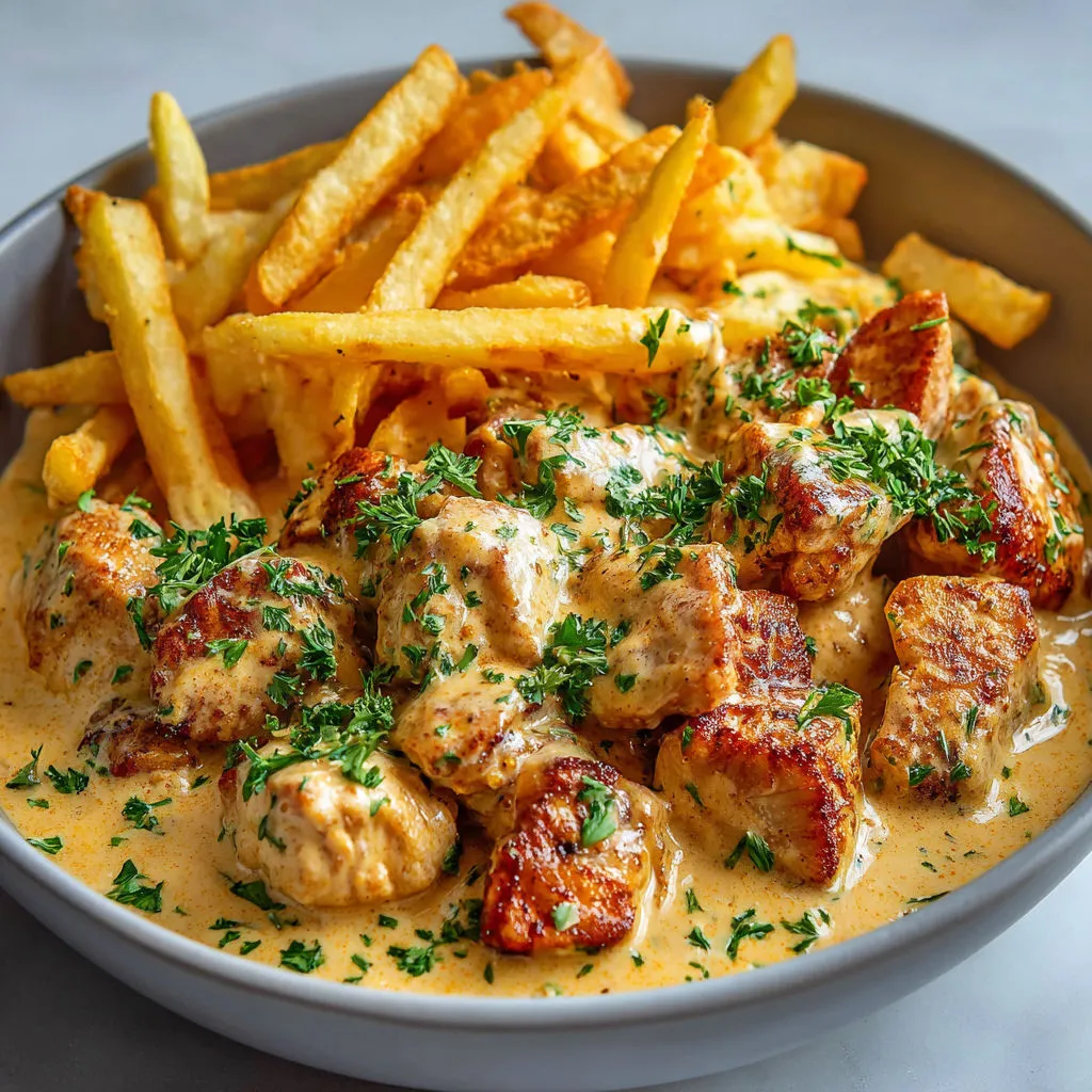 Une assiette de poulet avec frites maison et sauce crémeuse.