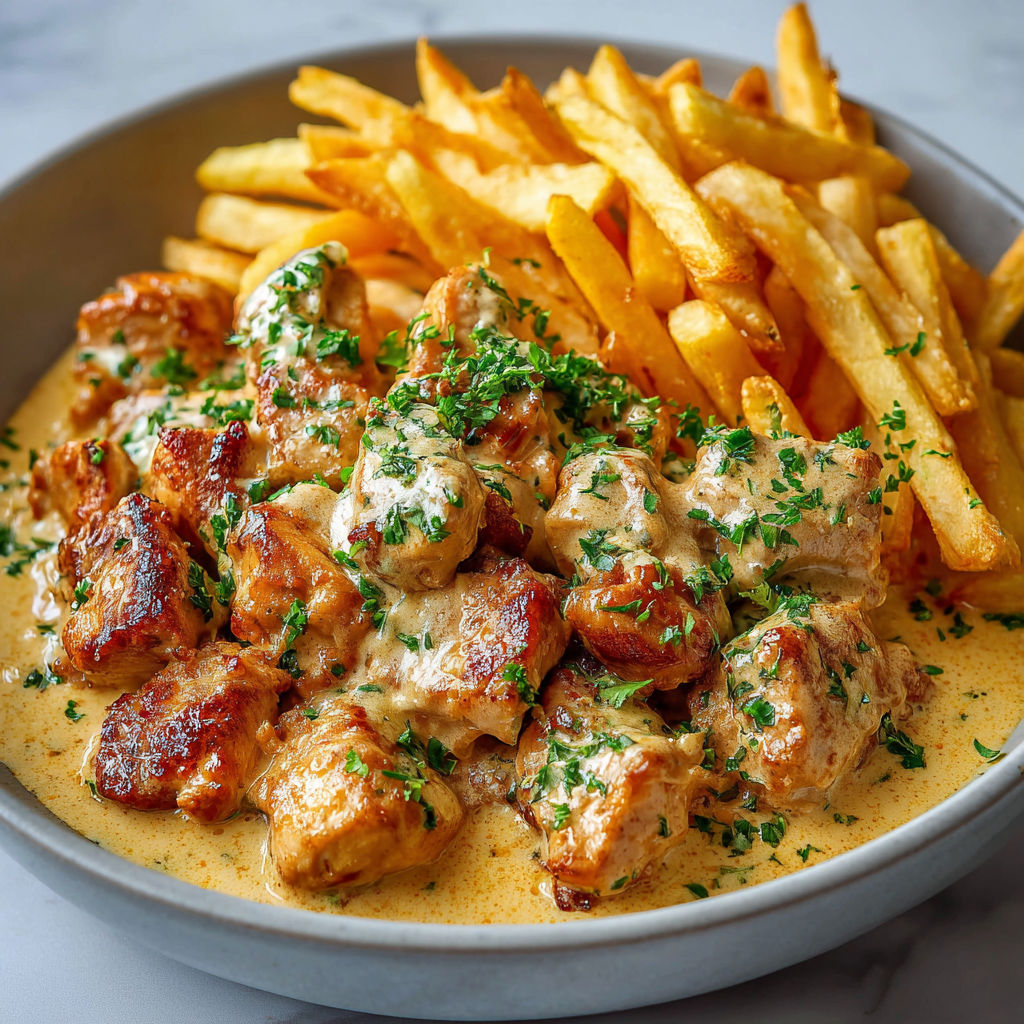 Du poulet en sauce crémeuse servi avec des frites maison.