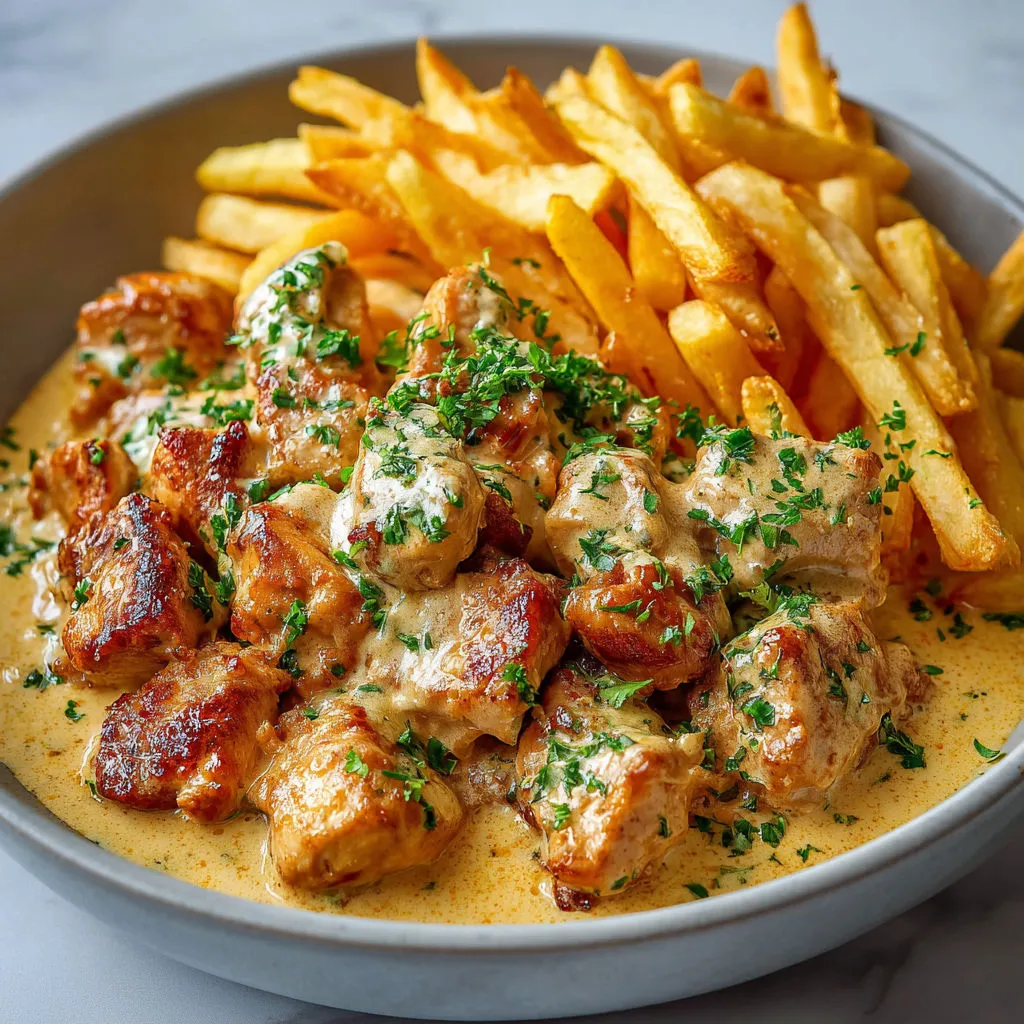Du poulet en sauce crémeuse servi avec des frites maison.