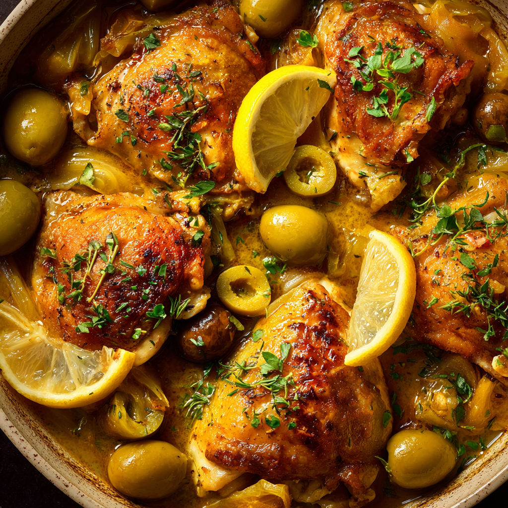 Morceaux de poulet dorés avec une sauce citron parfumée aux olives vertes, revisité d'inspiration Etchebest.
