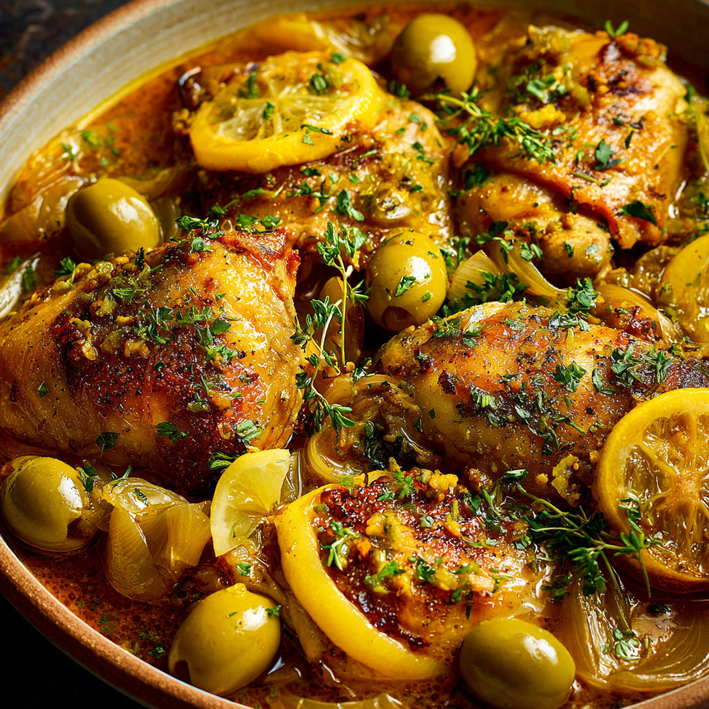 Un plat de poulet avec oignons et olives dans une cocotte.