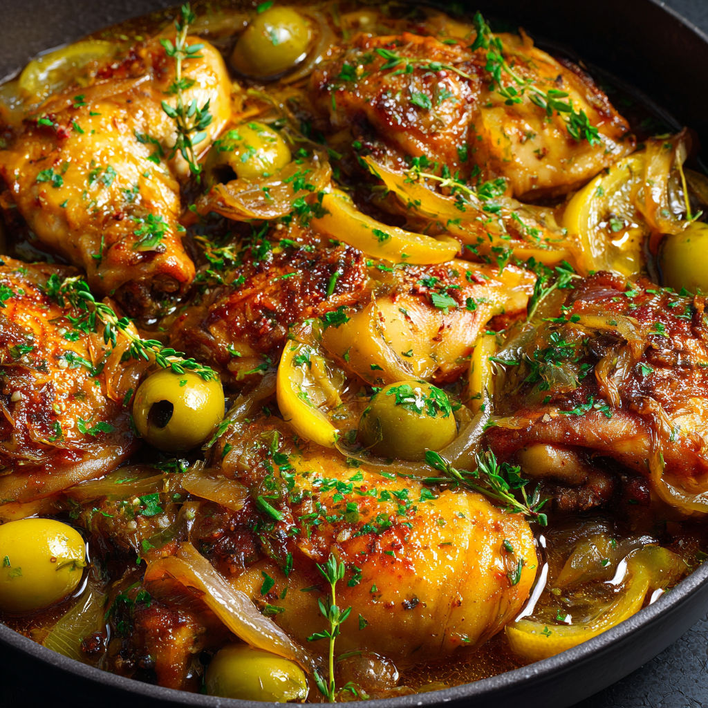Un plat de poulet farci garni d’oignons et d’olives dans une sauce goûteuse.