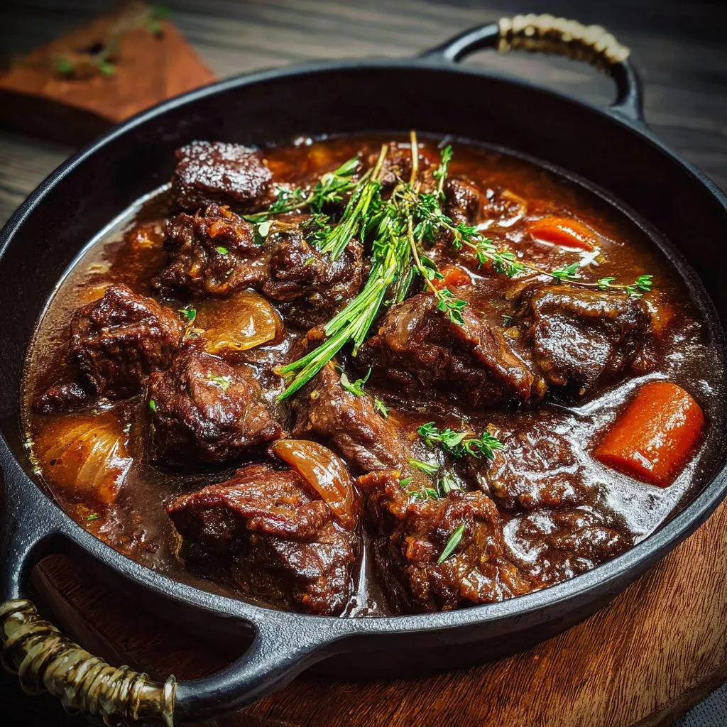 Une cocotte pleine de boeuf mijoté au sirop d’érable posée sur une table.