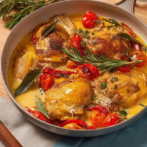 Plat de poulet mijoté avec légumes et herbes.