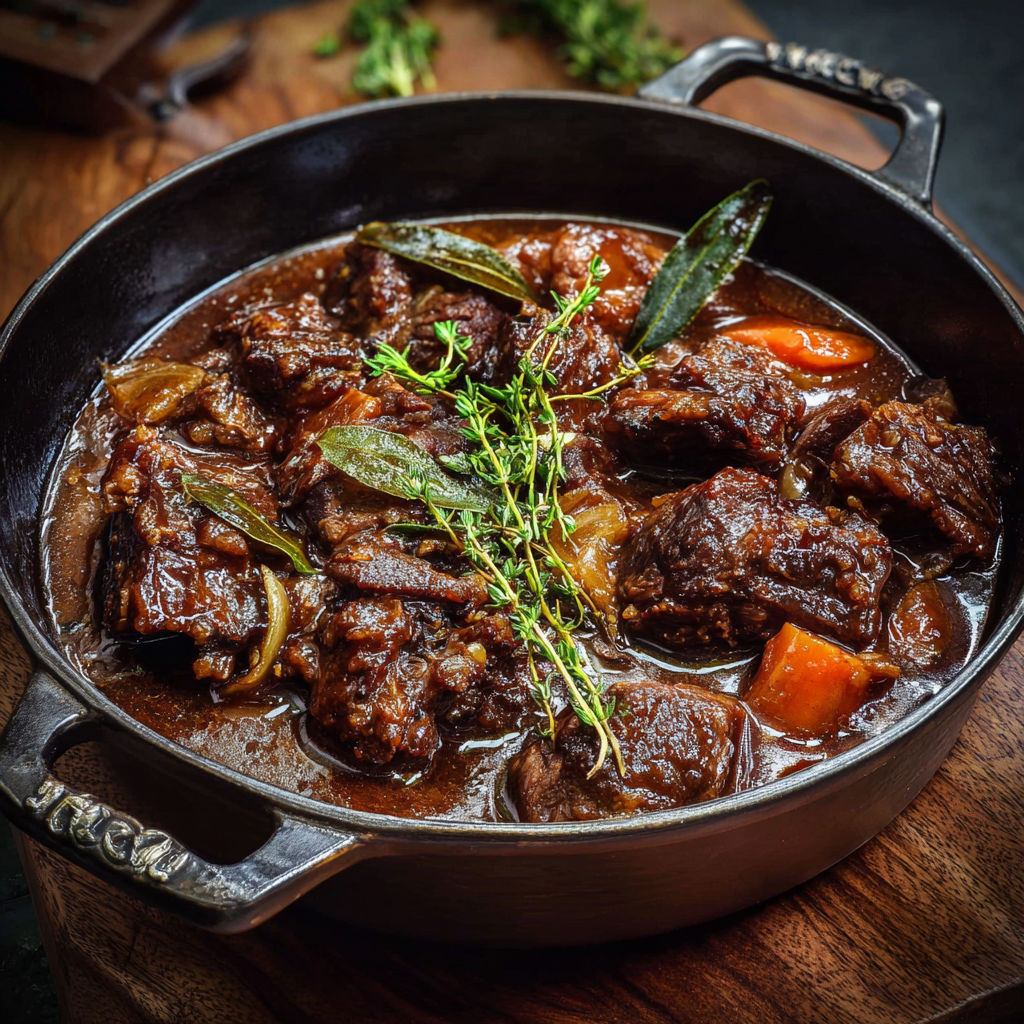 Un bon plat de boeuf mijoté avec carottes et herbes fraîches.