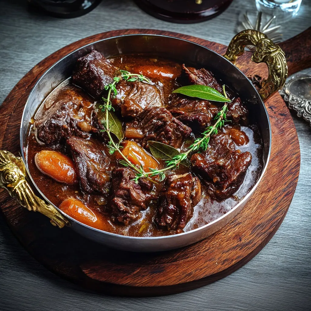 Un plat mijoté de boeuf, carottes et herbes sur une table en bois.