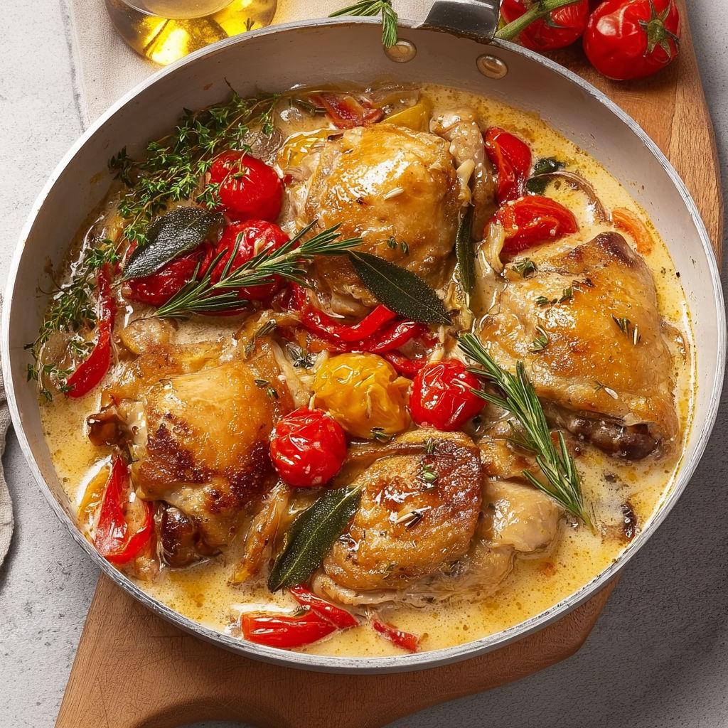 Plat de poulet aux tomates et herbes fraîches.