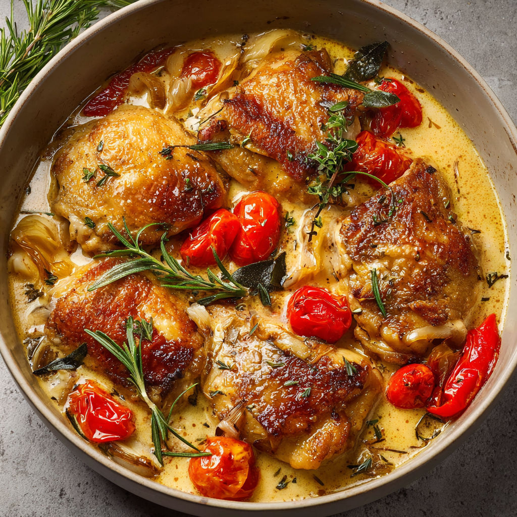 Casserole de poulet et légumes du sud, servie dans un bol en céramique blanc.