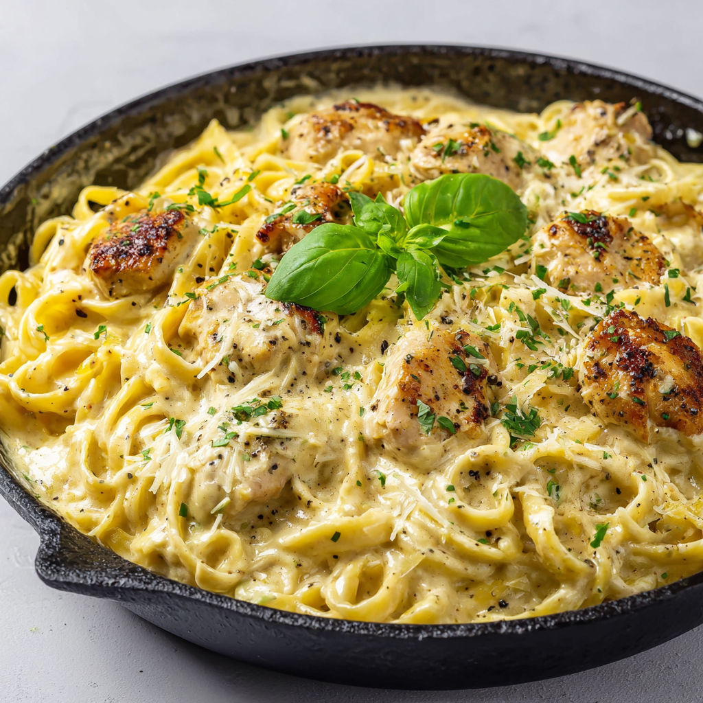 Un bol noir contient des pâtes crémeuses au poulet et moutarde posées sur une table.