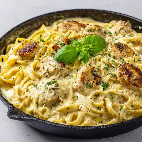 Un bol noir contient des pâtes crémeuses au poulet et moutarde posées sur une table.