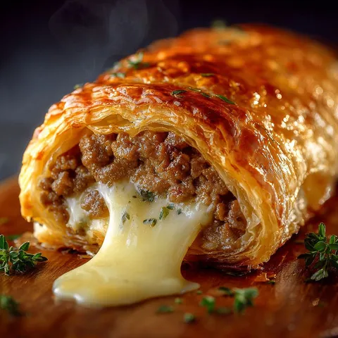 Un roulé croustillant et doré renfermant une viande tendre et un fromage crémeux qui fond à l’intérieur.