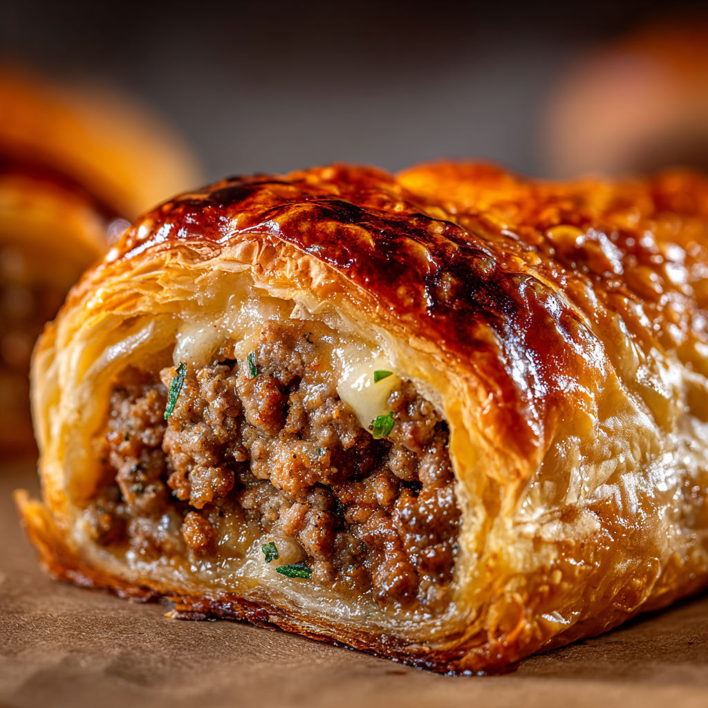 Un feuilleté à la viande, tout doré, servi avec herbes et légumes sur la table.