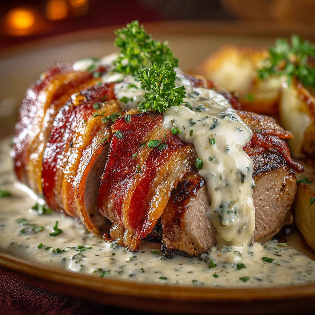 Une assiette en terre cuite avec mignon de porc au Boursin et lard fumé, décorée d'herbes et légumes.