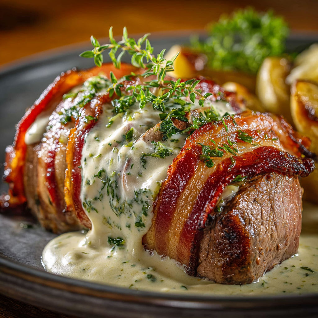 Un filet mignon grillé nappé d’une sauce pesto et parsemé d’herbes fraîches.