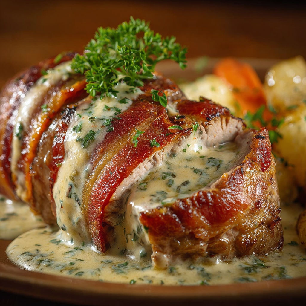 Un filet mignon grillé avec une sauce pesto et accompagné de légumes colorés.