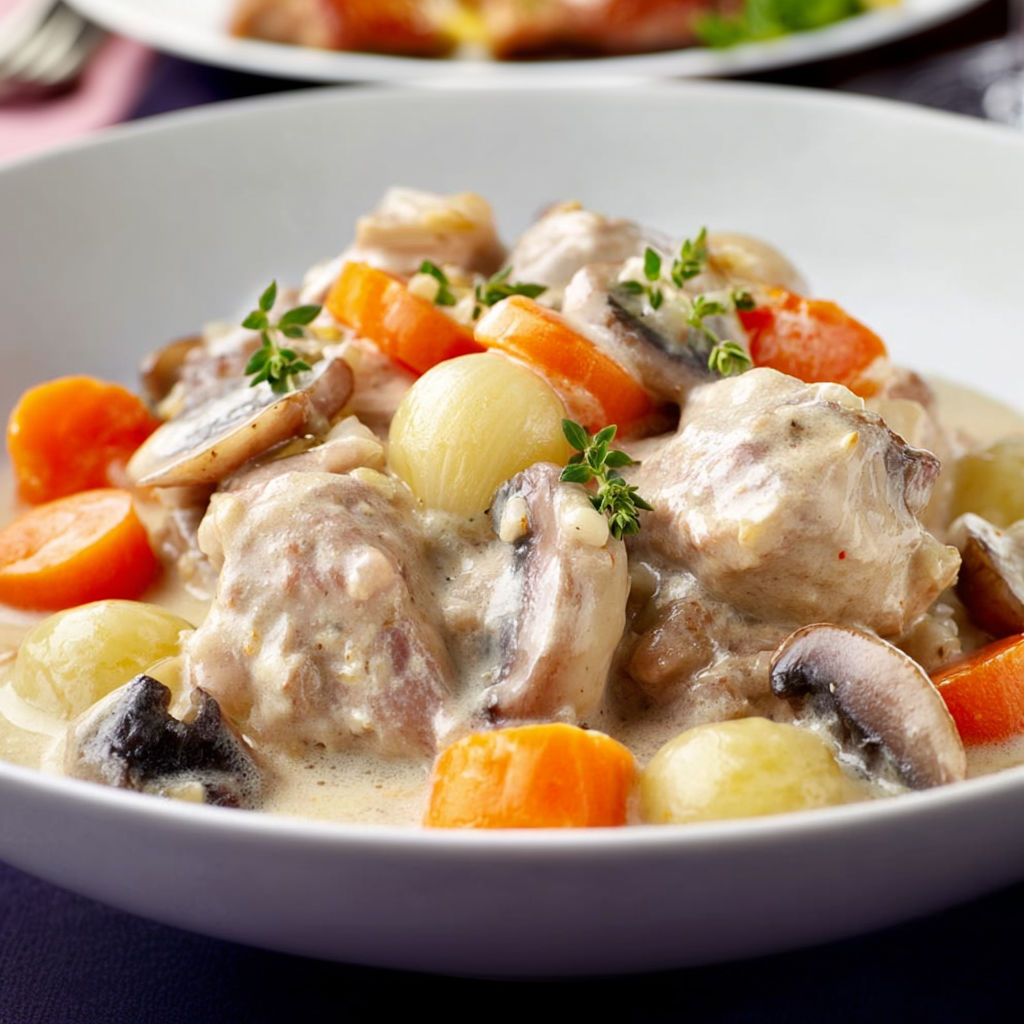 Un plat de blanquette de veau accompagnée de légumes sur une table.