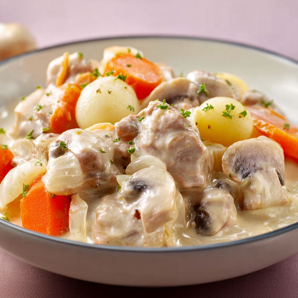 Une portion de blanquette de veau pleine de légumes carottes pommes de terre champignons