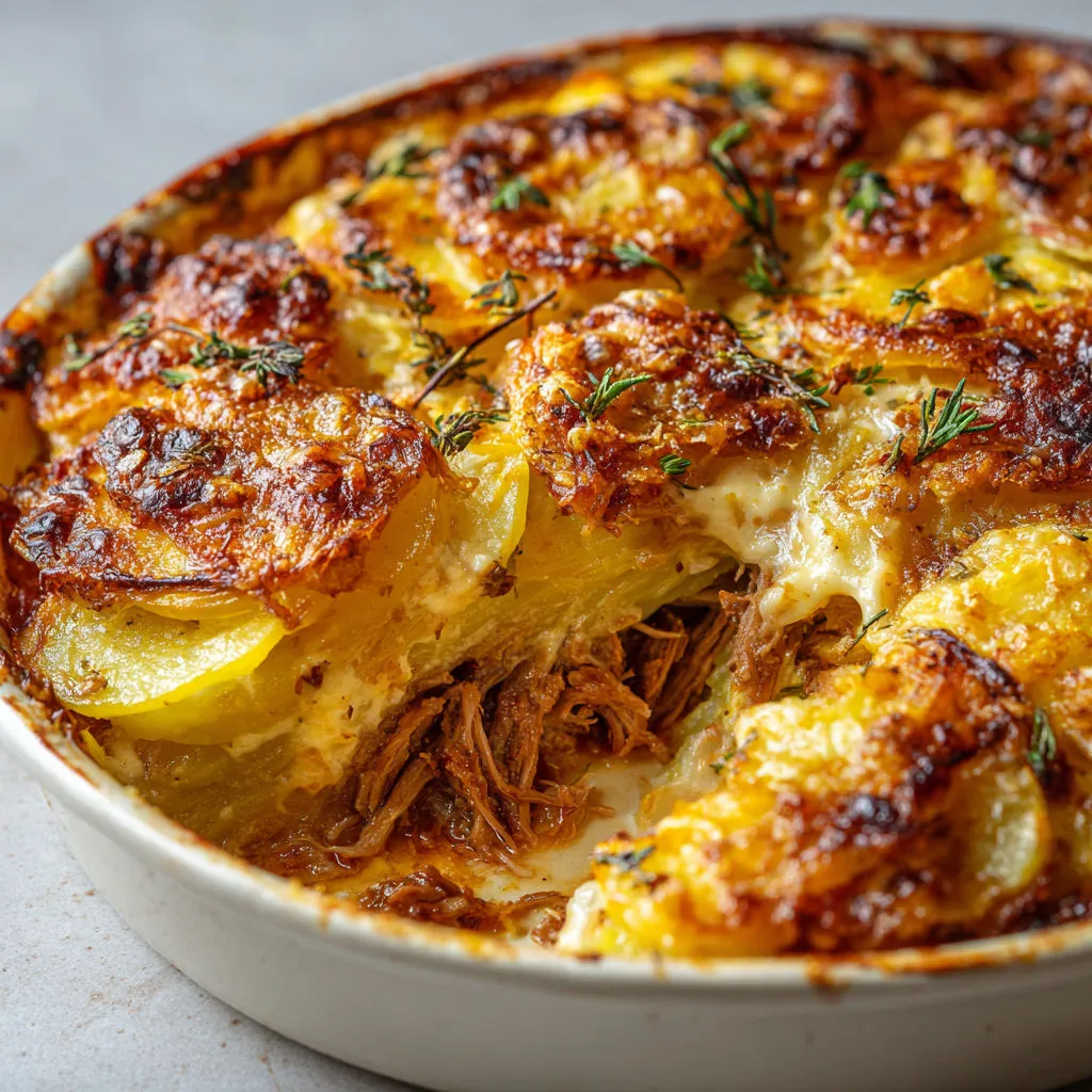 Un gratin d’agneau et pommes de terre avec une belle croûte dorée dans un plat en céramique.