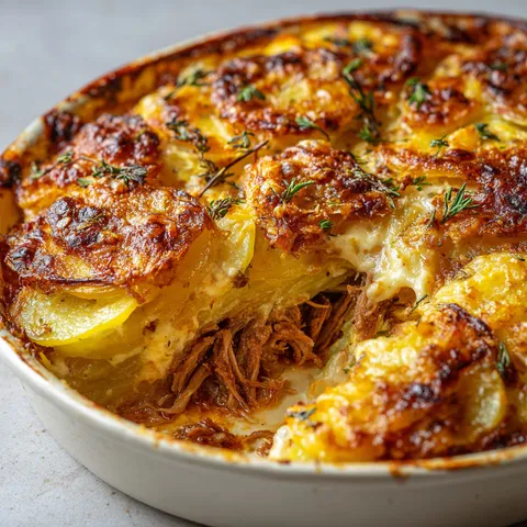Un gratin d’agneau et pommes de terre avec une belle croûte dorée dans un plat en céramique.