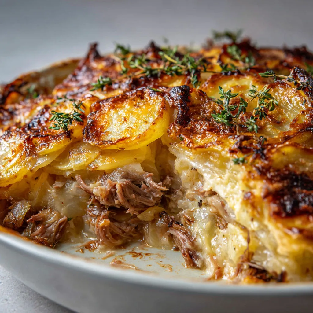 Tarte de pommes de terre et lard grillé dans un bol blanc, herbes fraîches dessus, pommes de terre dorées visibles.