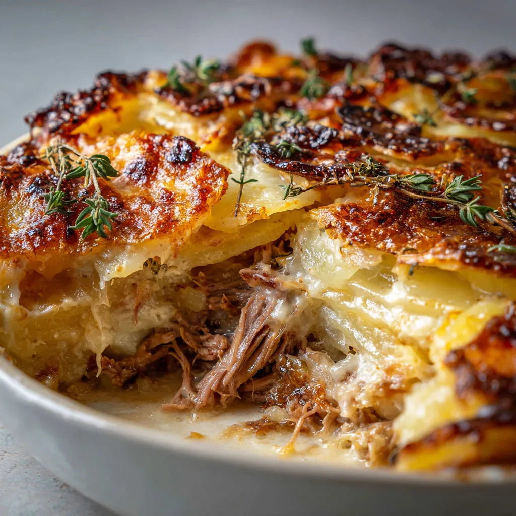 Part de gratin pommes de terre et agneau bien chaud, avec des herbes fraîches par-dessus.